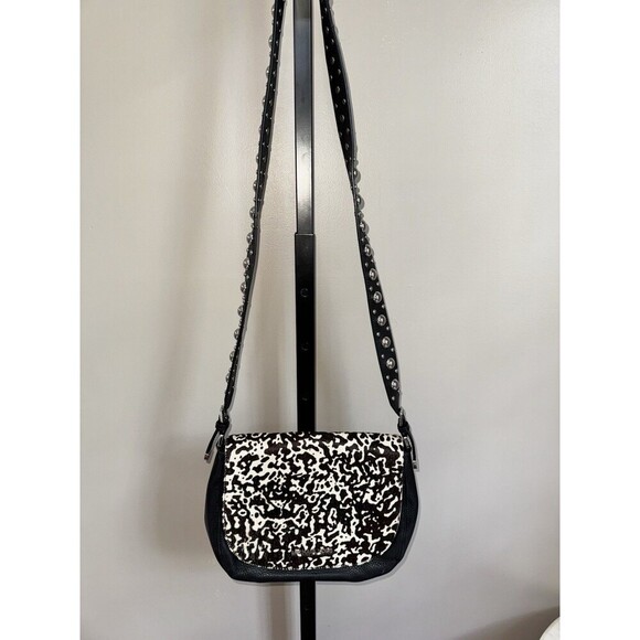 Michael Kors Black Bag w/ Brown & Beige Cow Hide Flap Studded Crossbody Strap - Picture 1 of 7